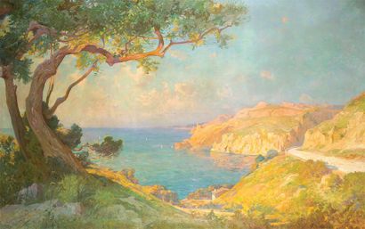 PONCHIN Antoine (1872-1934). "Rivage méditerranéen". Huile sur toile, signée en bas...