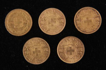 null *Cinq pièces de 20 F suisse en or