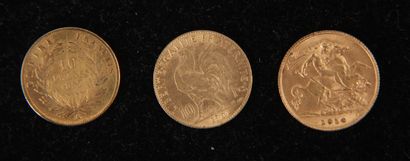 null *Lot de pièces en or :
- Un demi Souverain 1914
- Deux pièces de 10 FF 1857,...