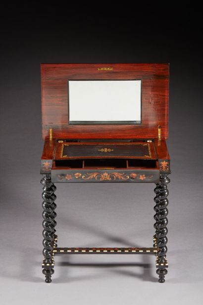 null Small rectangular table opening by a drawer in the belt, with inlaid decoration...