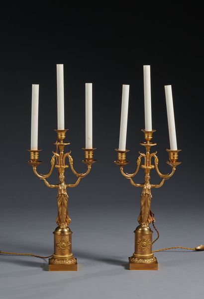 null Paire de candélabres à trois bras de lumière en bronze doré composés de femmes...