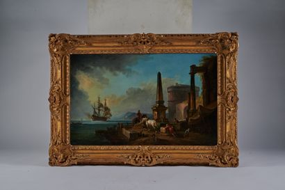 null Jean-Baptiste LALLEMAND (c.1710-1803)
Port méditerranéen.
Huile sur toile (Rentoilée).
51,5...