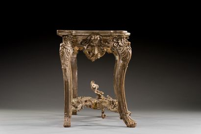 null Pair of carved and silvered wood consoles with openwork decoration of shells...