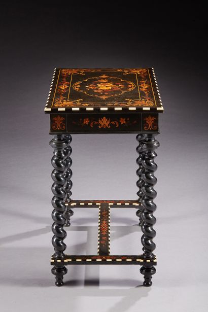 null Small rectangular table opening by a drawer in the belt, with inlaid decoration...