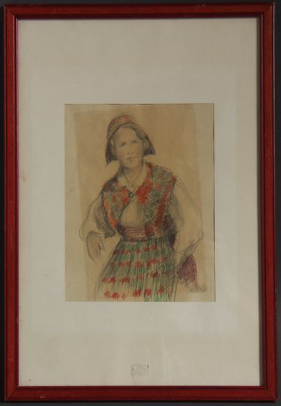 null J. HELLE
Woman in costume
Graphite and colored pencil signed in the lower right...