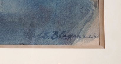 null Fedor BLAGONAVROV (1885-1961)
Péniches à quai
Aquarelle signée en bas à droite
24,5...