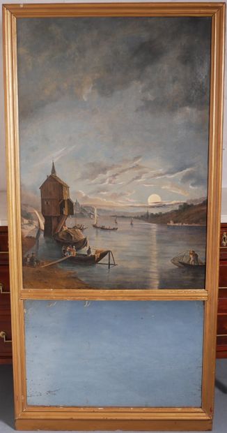 null Trumeau en bois redoré surmontée d'une peinture représentant une vue de port...