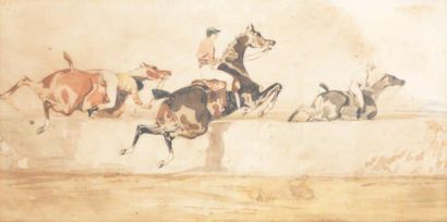 E. BLOCAILLE (XIX-XXe) Le saut de l'obstacle. Chaval ayant désarçonné son Jockey....