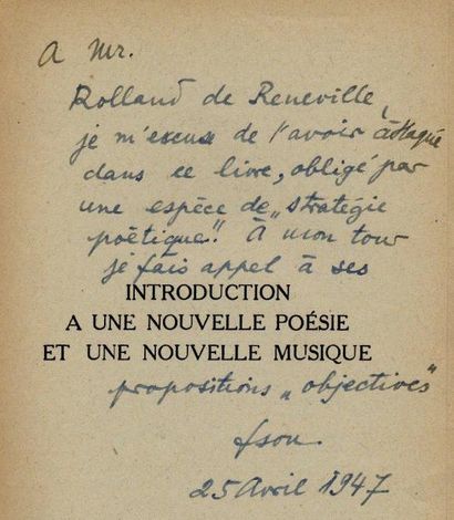 ISIDORE ISOU Introduction à une nouvelle poésie et à une nouvelle musique. NRF, 1947....