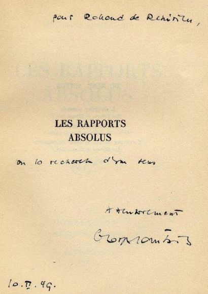 GEORGES LAMBRICHS Les Rapports absolus. Gallimard, coll. Métamorphoses, 1949. In-12...