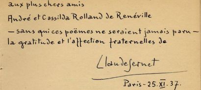 CLAUDE SERNET Commémorations. Librairie Tschann, 1937. In-12 br. Édition originale,...