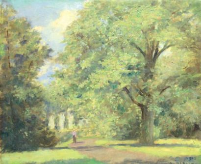 DEBAENE Alphonse (1854-1928) Jardinier dans un parc, 1915 Huile sur toile Signée...