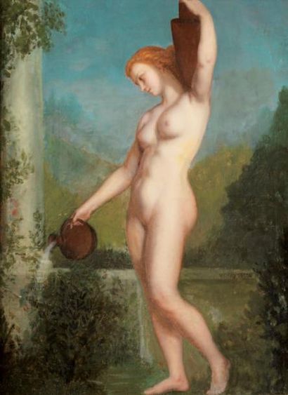 PICOU Henri (1824-1895) Jeune femme à la fontaine Huile sur toile, signée en bas...