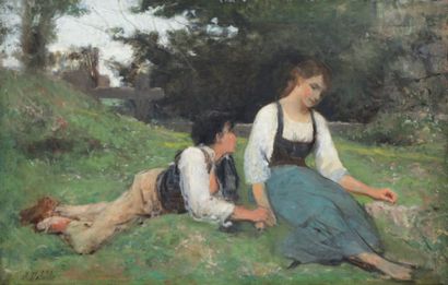 DELOBBBE Alfred (1835-1915/20) Conversation galante dans un pré Huile sur toile,...