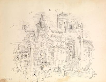 DUFY Raoul (1877-1953) L'église Notre-Dame de Vire Encre sur papier Signé en bas...