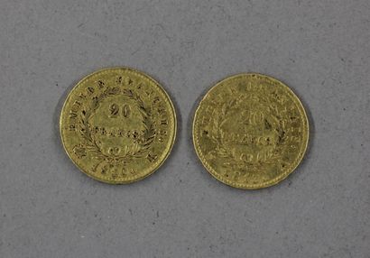 null **Deux pièces de 20 FF en or buste de Napoléon Ier lauré 1810 K, 1813 A (us...
