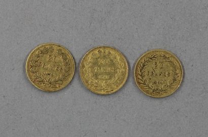null **Trois pièces de 20 FF en or Louis Philippe 1831 A, 1838 A, 1848 A (usures...