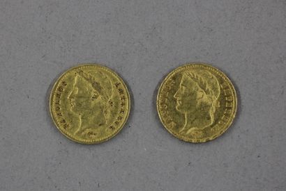 null **Deux pièces de 20 FF en or buste de Napoléon Ier lauré 1810 K, 1813 A (us...