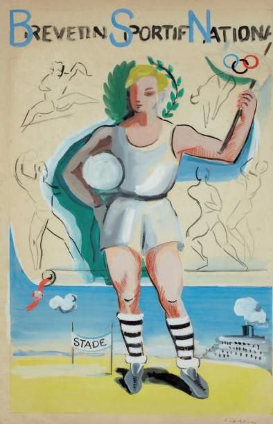 Robert LEPELTIER (1913-1996) Projet d'affiche (recto-verso), pour le Brevet Sportif...