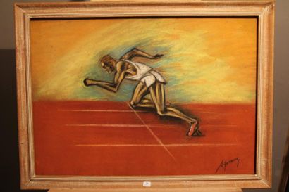 A.ROMECK vers 1950 Le sprinter au départ Pastel sec sur toile marouflée sur carton...