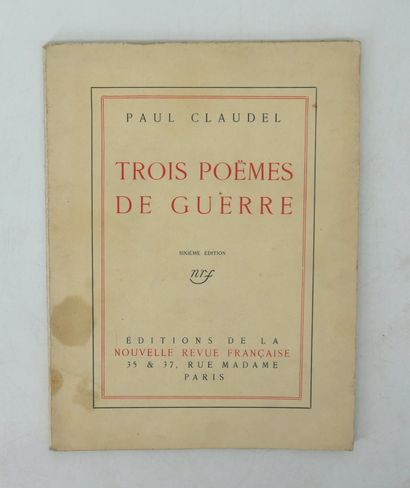 null PAUL CLAUDEL. 
- Trois poèmes de guerre.
Éditions de la NRF, 1915. Plaquette...