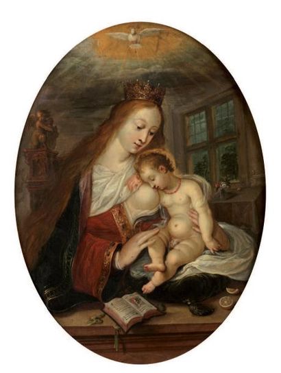 FRANCKEN Frans II dit le Jeune (Attribué à) Anvers 1581 - 1642 La Vierge couronnée...