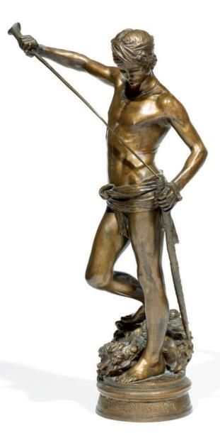 MERCIE Antonin (1845-1916) (d'après) David vainqueur de Goliath Bronze à patine mordorée....