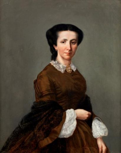 Ecole française - Seconde Moitié du XIXe siècle Portrait de femme en robe brune,...