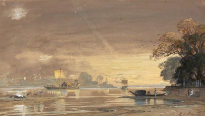 BERARD Evremond de (1824-1881) Les bords du Nil Aquarelle et rehaut de gouache blanche,...