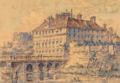MANESSE Henri (1854-?) 1 - L'ancien Hôtel de ville du Havre Aquarelle Monogrammé...