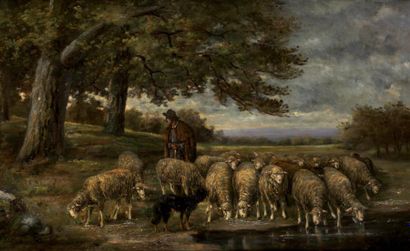 ECOLE FRANCAISE DU XIXème siècle Le berger et son troupeau Huile sur panneau, trace...