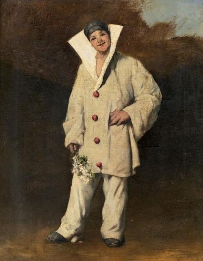 RIBOT Théodule (1823-1891) Attribué à Le Pierrot au bouquet de fleurs Huile sur toile,...