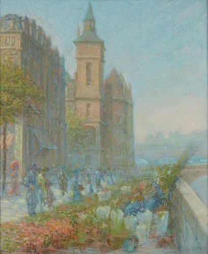Rudolf QUITTNER (1872-1910) Quai aux fleurs, près de La Conciergerie, Paris. Pastel,...
