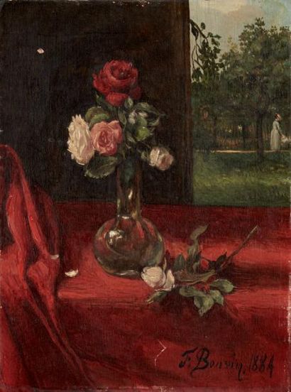 François BONVIN (1817-1887) Vase de roses sur la nappe rouge, 1884. Huile sur panneau,...