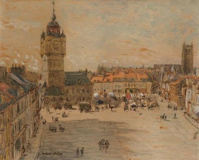 Gilbert Louis BELLAN (1868-1938) La Grand Place à Lille. Huile et fusain sur papier....
