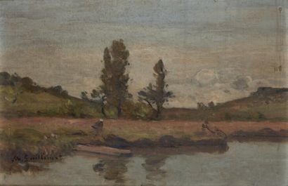 GUSTAVE ACHILLE GUILLAUMET (1840-1887) Femme au bord d'un étang. Huile sur panneau....
