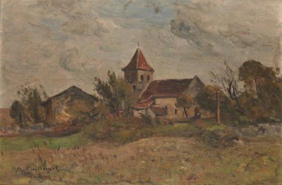 GUSTAVE ACHILLE GUILLAUMET (1840-1887) Église dans un paysage. Huile sur panneau....