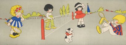 null illustration en couleurs "partie de tennis des enfants" 74 x 31 cm COLOUR P...
