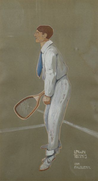 null gravure rehaussée à la gouache avec inscription "Lawn tennis par F. Huguenin"...