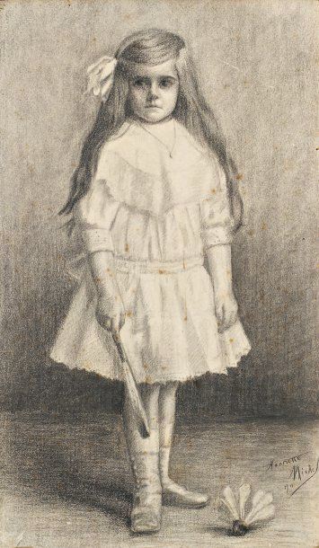 null dessin au crayon de Henriette Miche "petite joueuse de volant" 40 x 60 cm PENCIL...