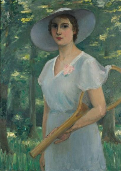 null huile sur toile "femme à la raquette" c.1920 dans le goût de Maurice Elhinger...