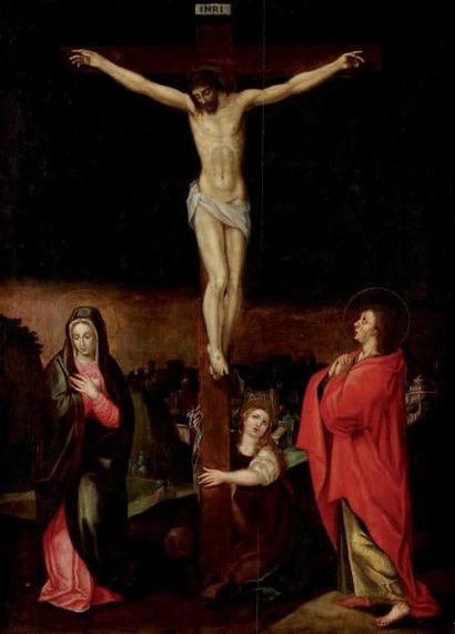 ECOLE FLAMANDE Première Moitié du XVIIème siècle Crucifixion avec La Vierge et saint...