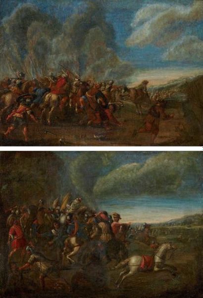 ECOLE ITALIENNE XVIIème siècle 1 Combat de cavalerie contre les Turcs ou le coup...