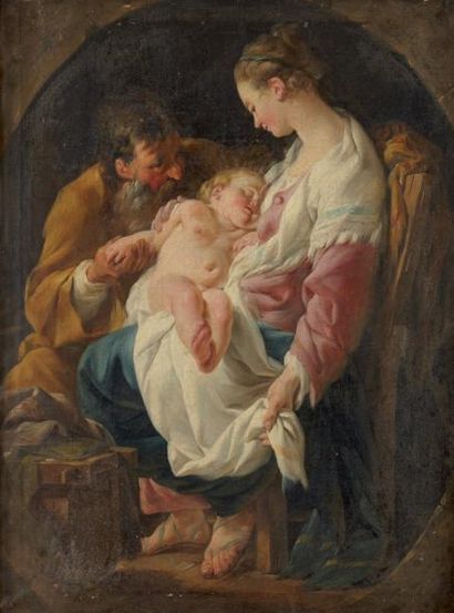 Noël HALLE (Paris 1711 - 1781) La Sainte famille Huile sur toile d'origine. Ovale...