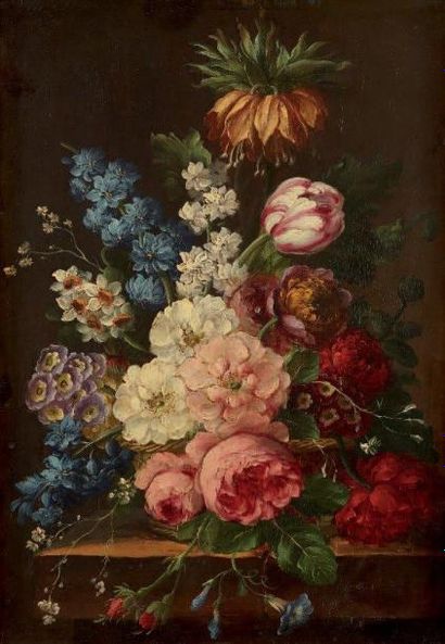 ECOLE FRANCAISE dans le goût du XVIIe Bouquet de fleurs sur un entablement Huile...