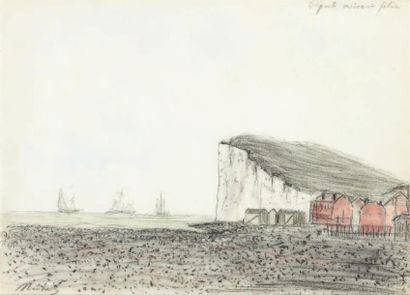 Georges MICHEL (1763 - 1843) Vue du Tréport: casino et falaise Crayon noir, estompe...
