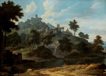 Etienne ALLEGRAIN (Attribué à) (Paris 1644 - 1736) Paysage a rivière Huile sur panneau....