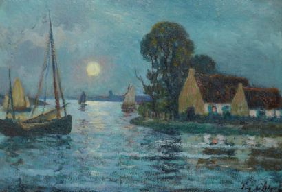 Eugène CHIGOT (1860-1923) Chaumière au clair de lune Huile sur panneau, signée en...