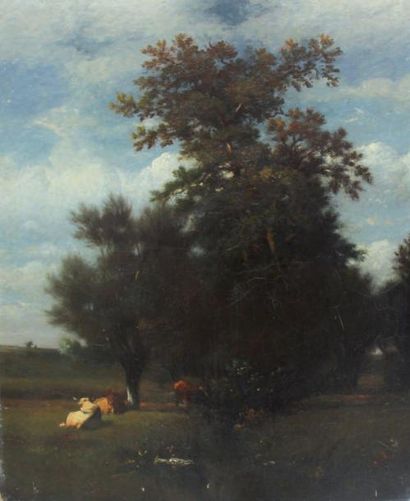Jules DUPRE (1811-1889) Paysage au troupeau, Circa 1840-1850 Huile sur toile, signée...