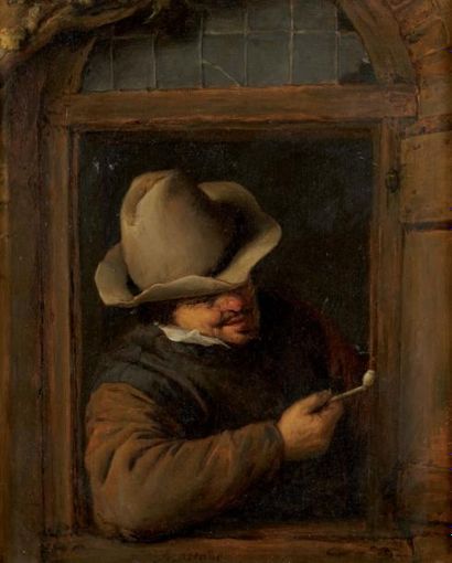 Adriaen van OSTADE (Haarlem 1610 - 1685) Fumeur de pipe accoudé à la fenêtre. Huile...